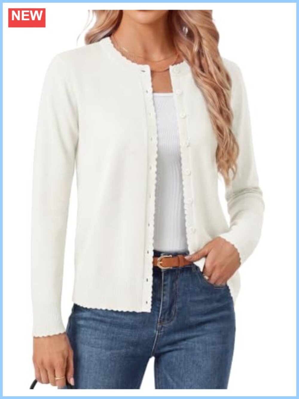 Scalloped Button Down Cardigan Lightweight Long Sleeve Crew Neck
